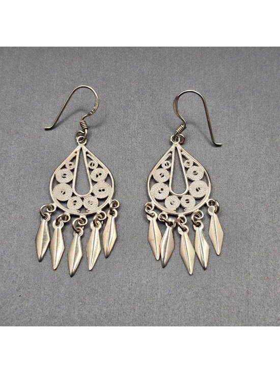 Unbranded Jewelry - Vintage Sterling Silver Filigree Chandelier Earrings 1.75" Bali Drop Dangle